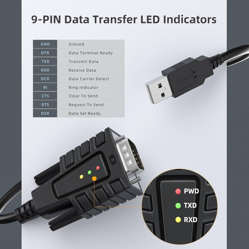 DriverGenius USB232A-B-A | USB to Serial RS232 DB9 Adapter Cable with 3 x LED Indicators – Compatible with Windows 11, macOS 15, Linux (3FT, Male/Male) - Image 5